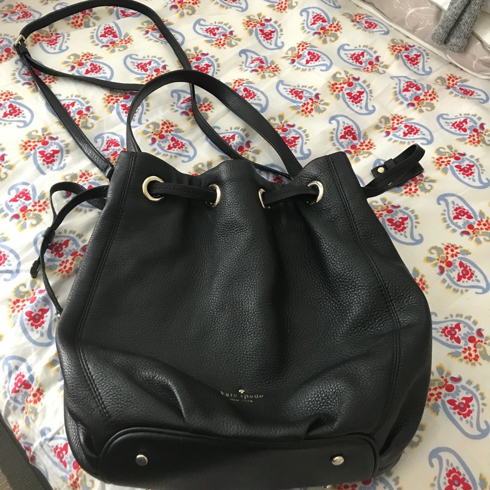 Kate Spade Black Leather Drawstring Bucket Shoulder Bag